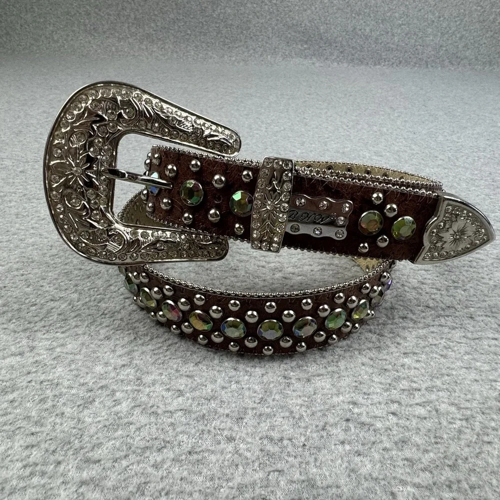 BHW Brown Leather Western Belt Womens Large Studded Iridescent Rhinestones Bling